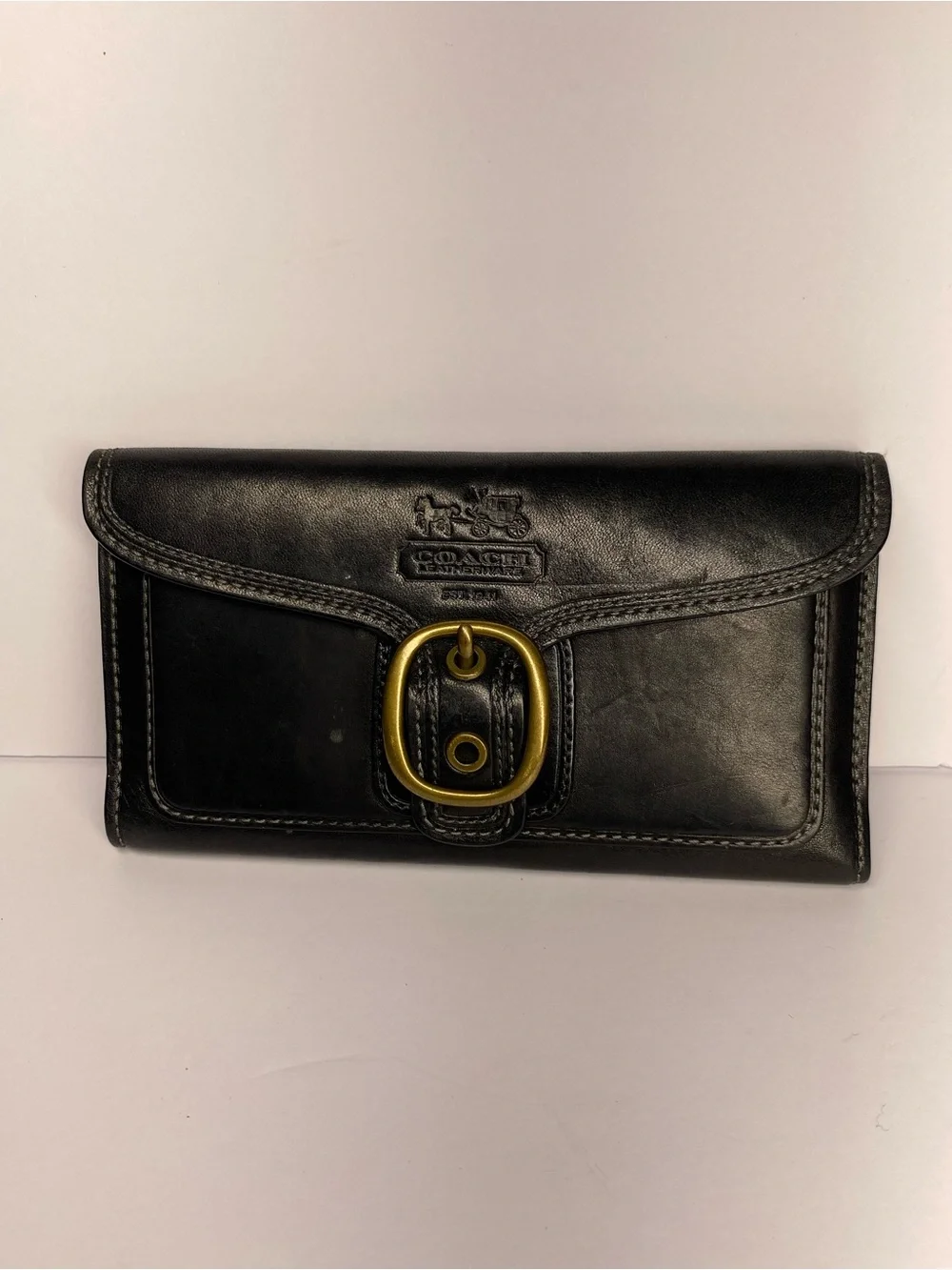 Coach Bleecker Black Leather Wallet with Brass Buckle